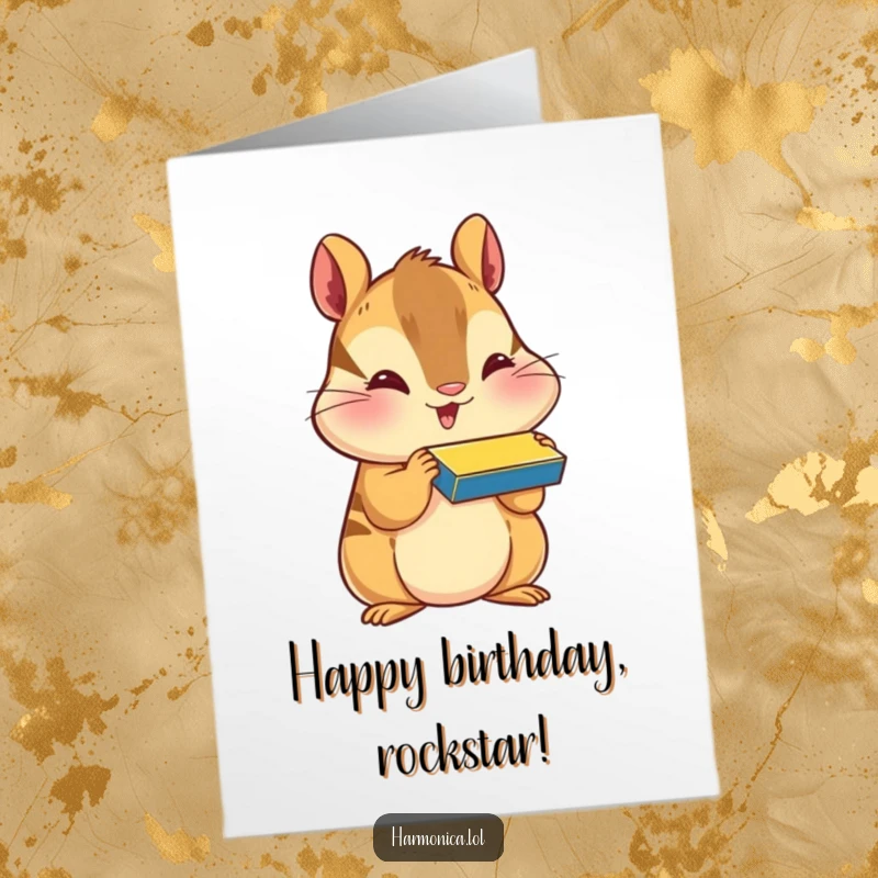 Funny Free Printable Birthday Card: A happy chipmunk with puffed cheeks blows a harmonica, playing a cheerful birthday melody.