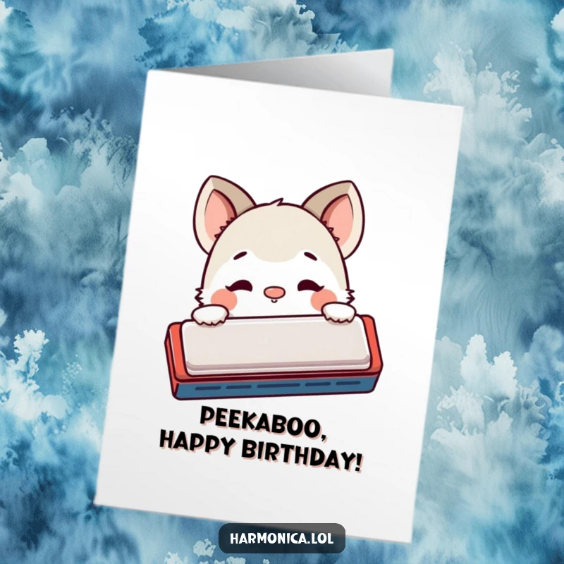 Funny Free Printable Birthday Card: Shy creature peeking from behind a harmonica, nose twitching curiously, a cute birthday surprise.
