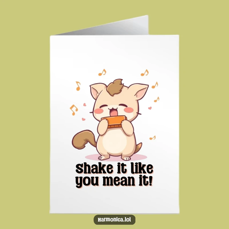 Free Printable Birthday Card: Funny Harmonica Creature Shaking Music Notes Downloadable Gift