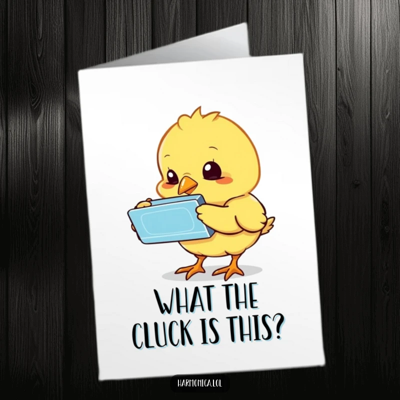 Funny Free Printable Birthday Card: A baby chick pecks curiously at a shiny harmonica, looking utterly puzzled.