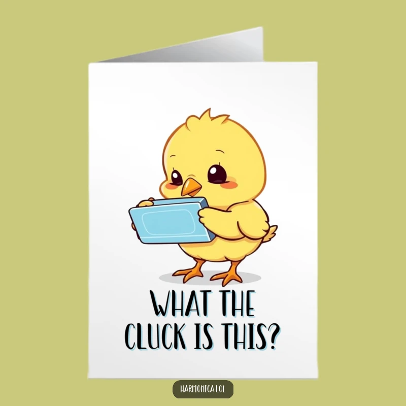 Free Printable Birthday Card: Bewildered Chick & Harmonica - Funny Downloadable Gift