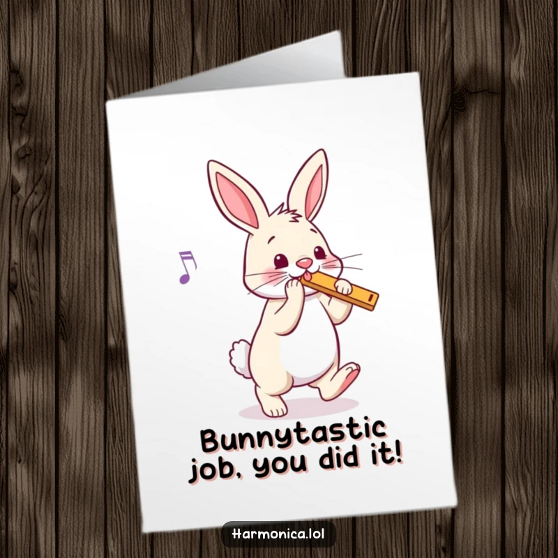 Funny Free Printable Congrats Card: A joyful bunny taps its foot energetically, ears up to a harmonica's melody.