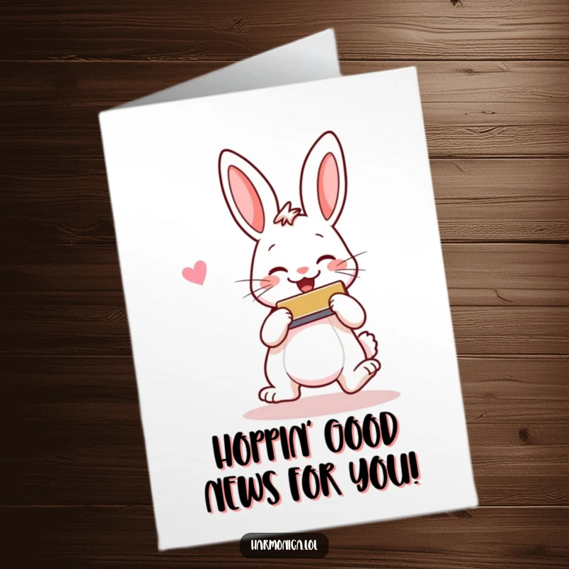Funny Free Printable Congratulations Card: A cheerful rabbit hops, playing a harmonica with a smile, celebrating success with musical flair.