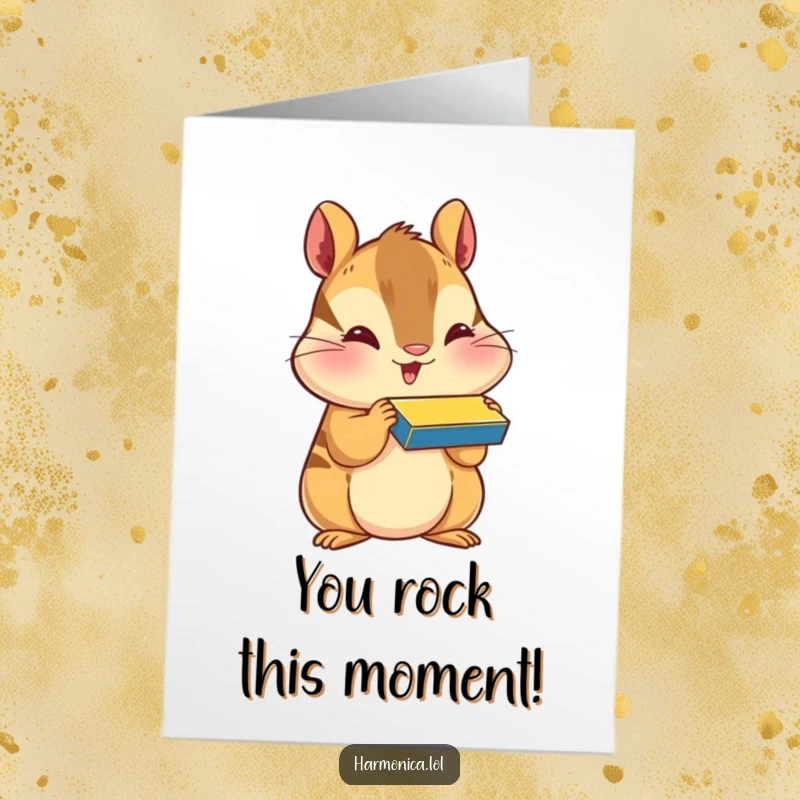 Funny Free Printable Congratulations Card: A happy chipmunk with puffed cheeks blows a harmonica, celebrating achievements with a musical flourish.