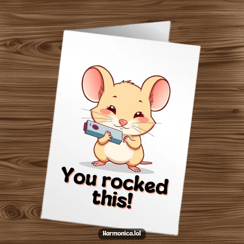 Free Printable Congratulations Card: A little mouse with all its might playing a tiny harmonica, celebrating success.