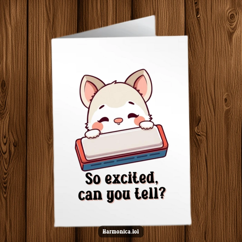 Funny Free Printable Congratulations Card: Shy creature peeks from behind a harmonica, nose twitching, curious about their success.