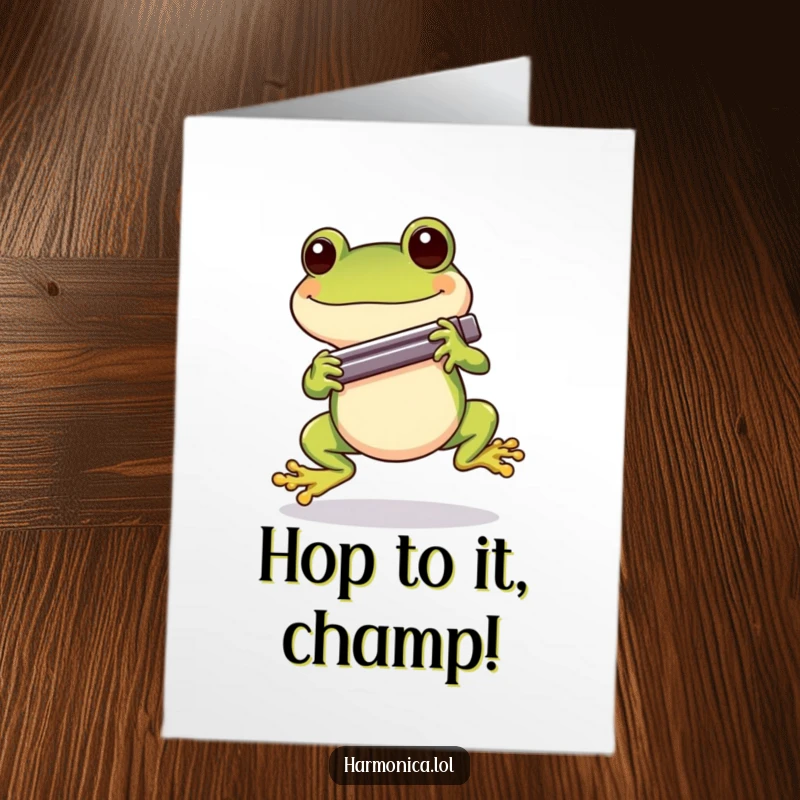 Free Printable Congratulations Card: A cheerful frog hopping joyfully while holding a harmonica, celebrating achievements.