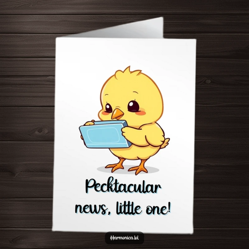 Funny Free Printable Congrats Card: A small chick stares bewilderedly at a harmonica it's pecking at.