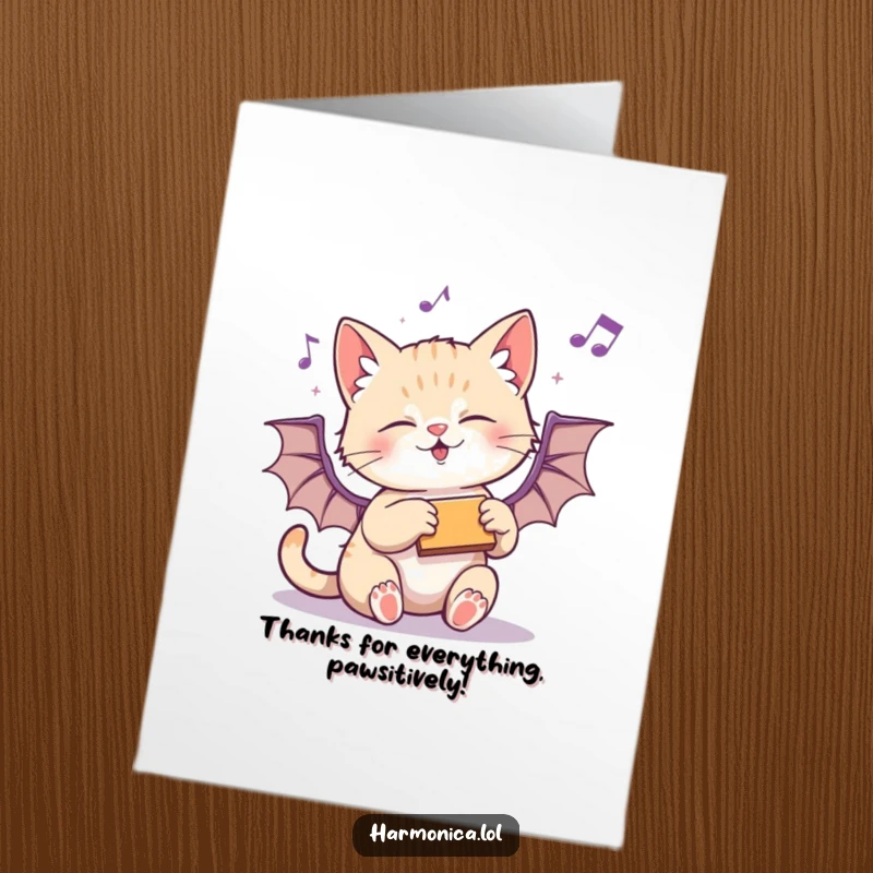 Funny Free Printable Thank You Card: Playful kitten batting at a harmonica, musical notes creating a whimsical thank you message.
