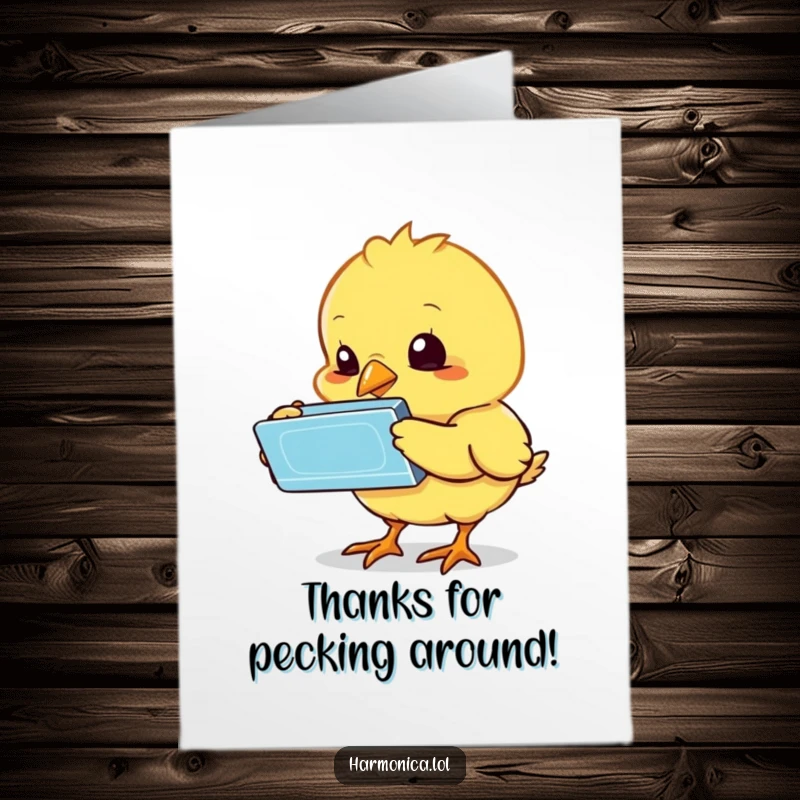 Funny Free Printable Thank You Card: A confused chick pecks at a gleaming harmonica, exploring its new find.