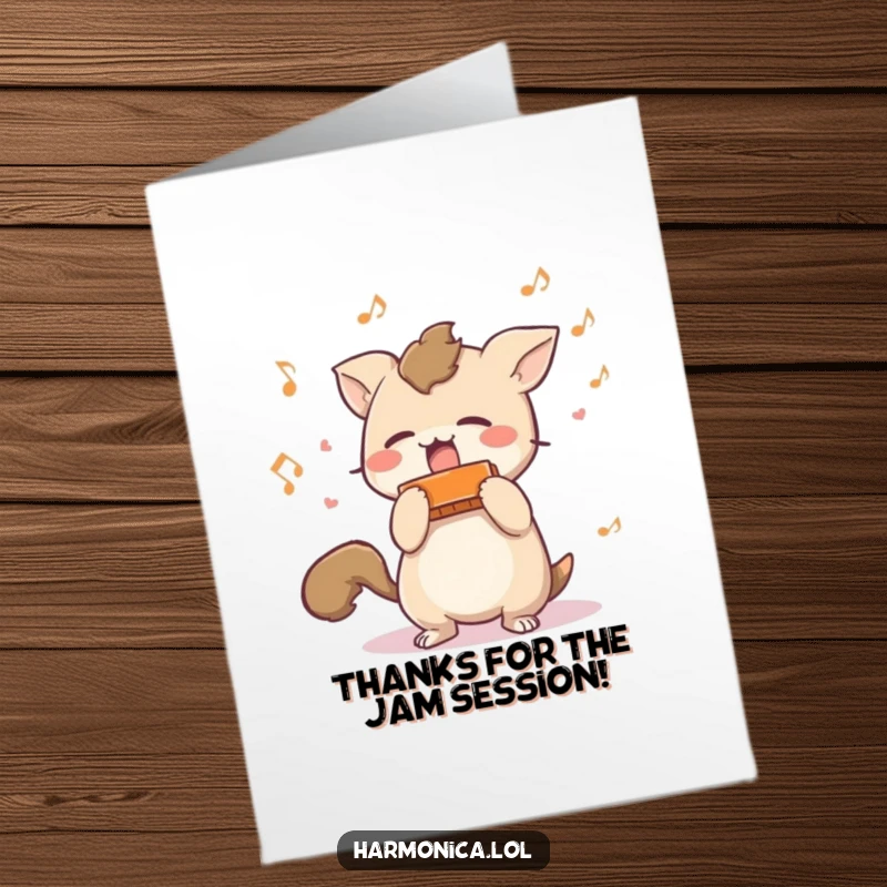 Funny Free Printable Thank You Card: Short-tailed creature shaking a harmonica, musical notes celebrating thanks, a cheerful thank you.