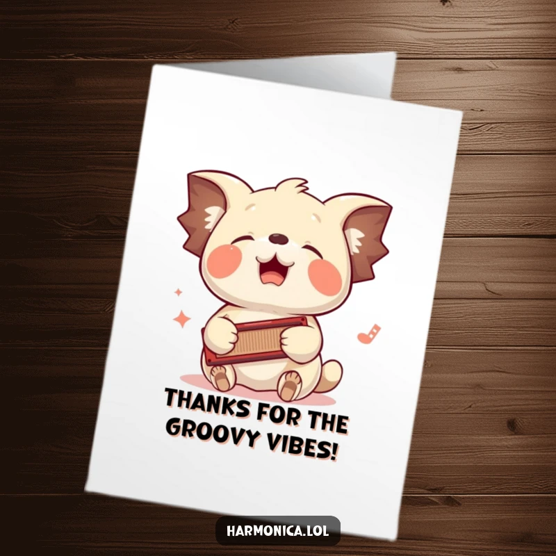 Funny Free Printable Thank You Card: Floppy eared creature bouncing head rhythmically to harmonica, a happy thank you.