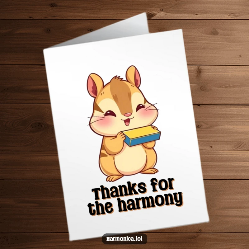Funny Free Printable Thank You Card: A happy chipmunk with puffed cheeks blows a harmonica, playing a thank you melody.