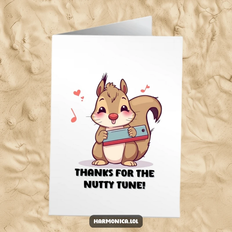 Funny Free Printable Thank You Card: A happy squirrel plays a harmonica, conveying musical thanks with joy.