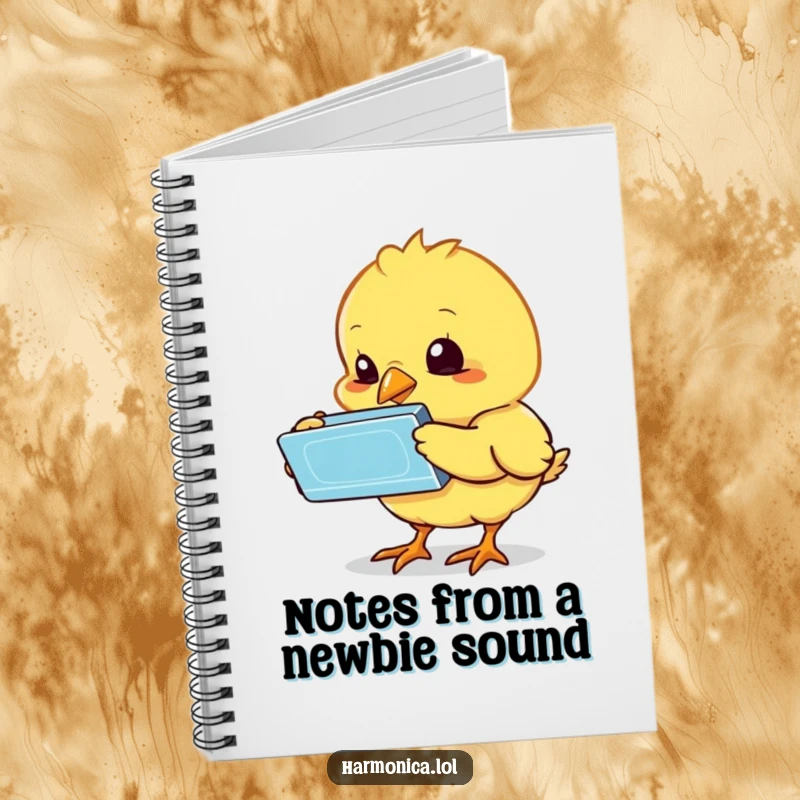 Funny chick harmonica notebook for documenting thoughts and ideas, featuring a bewildered chick's curiosity, a charming and funny gift for writers.