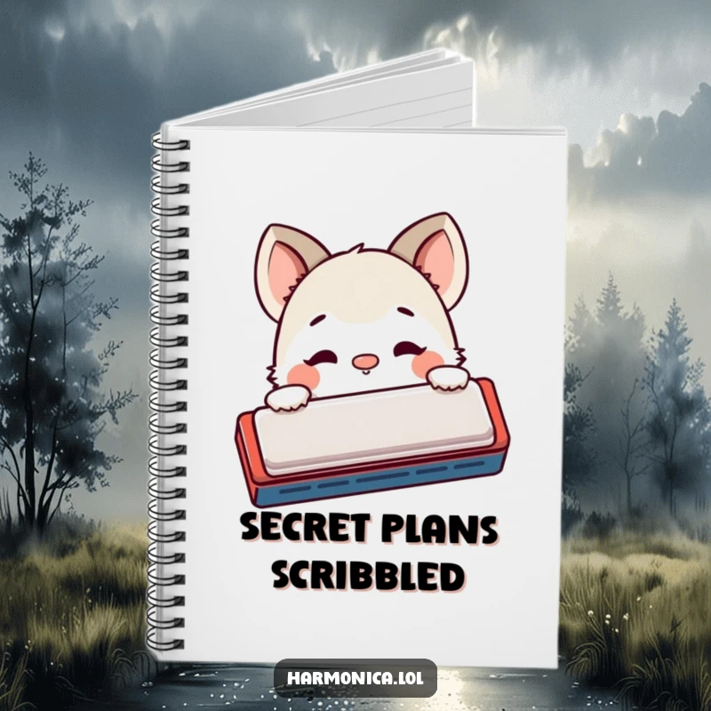 Funny notebook: A shy creature peeks from behind a harmonica, nose twitching curiously, perfect for creative note-taking with a whimsical touch.