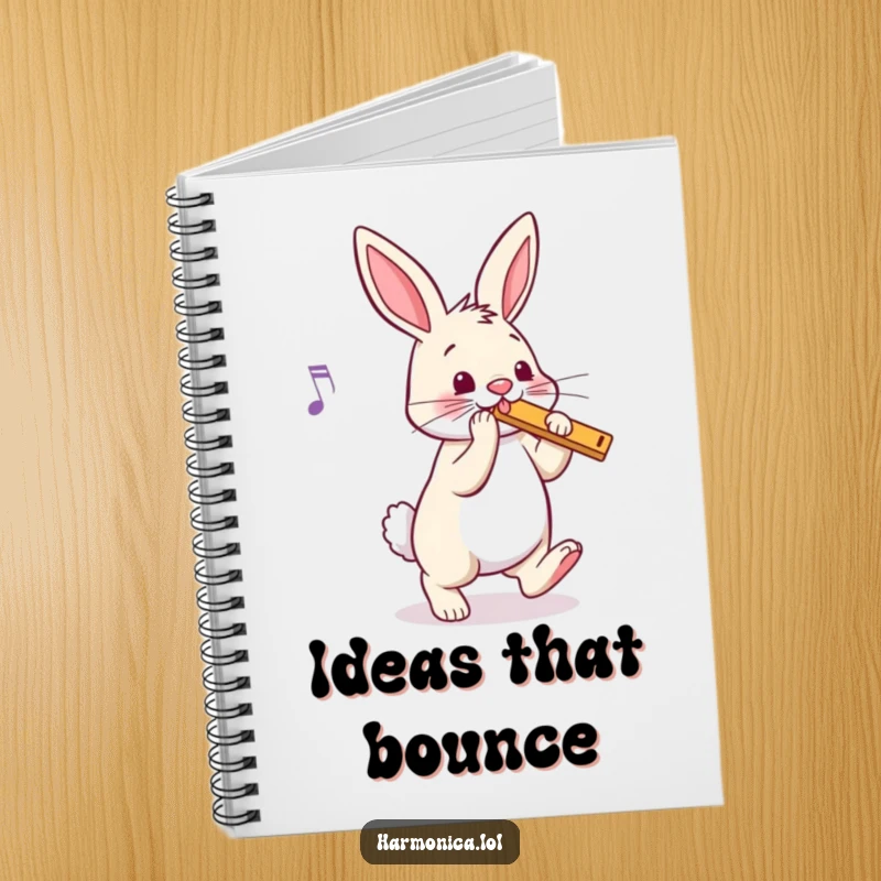 Funny bunny harmonica notebook for jotting down ideas and melodies, featuring a rhythmic rabbit, a charming and funny gift for creatives.