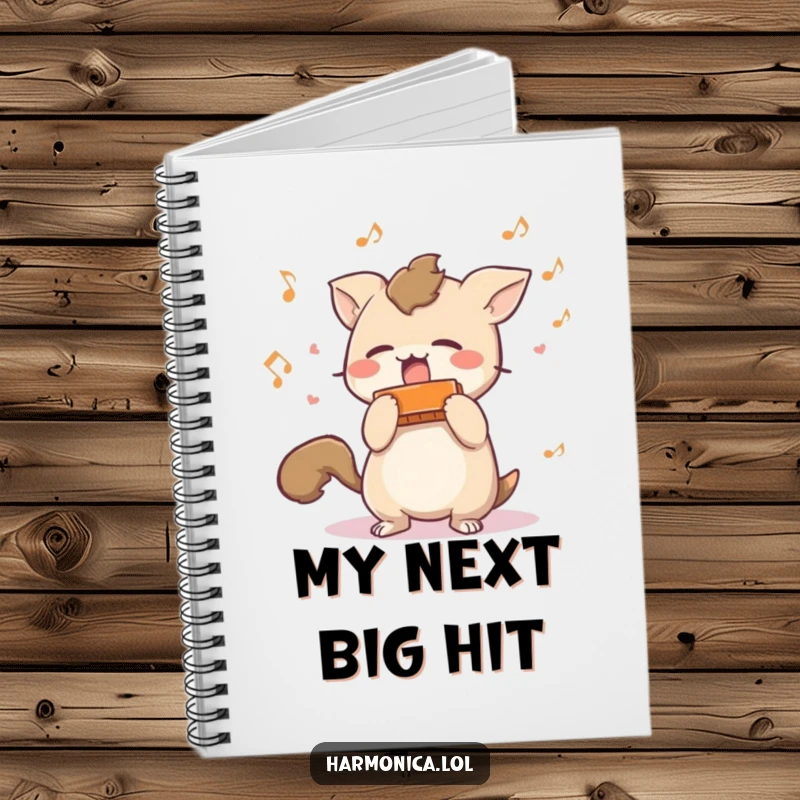 Funny notebook: A short-tailed creature enthusiastically shaking a harmonica with musical notes scattering, for capturing creative thoughts.