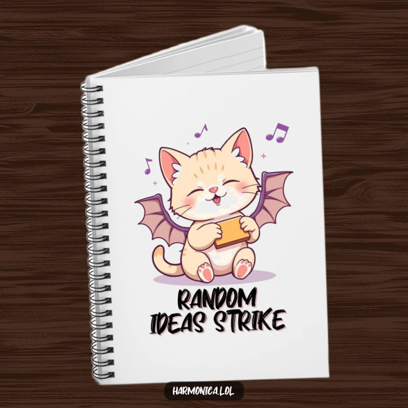 Funny notebook with a playful kitten batting at a harmonica, great for jotting down ideas and feline-inspired thoughts.