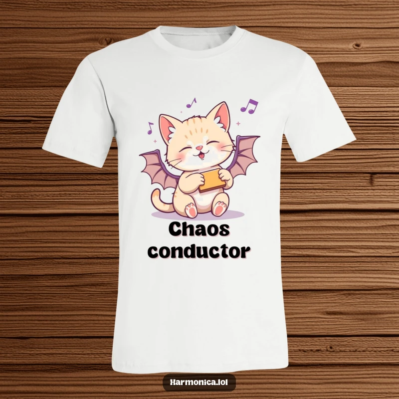 Funny t-shirt depicting a playful kitten swatting at a harmonica, musical notes flying in a chaotic, joyful flurry.