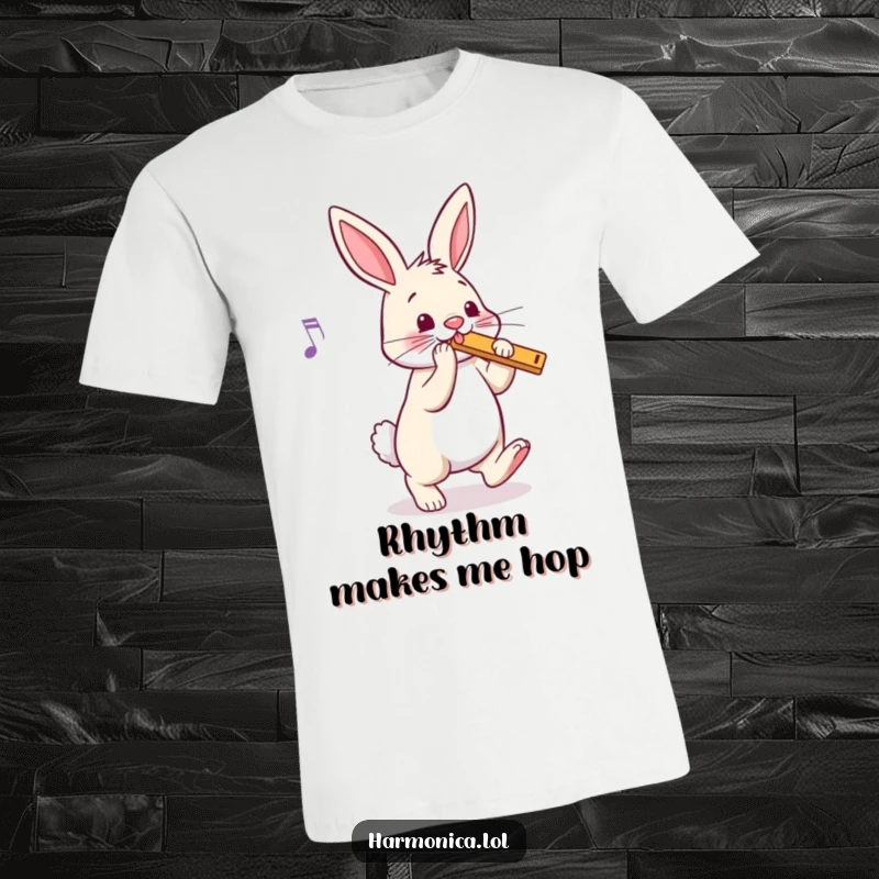 Funny bunny t-shirt featuring a bouncy rabbit tapping its foot to harmonica tunes, radiating rhythm and fun, a lively funny gift idea.