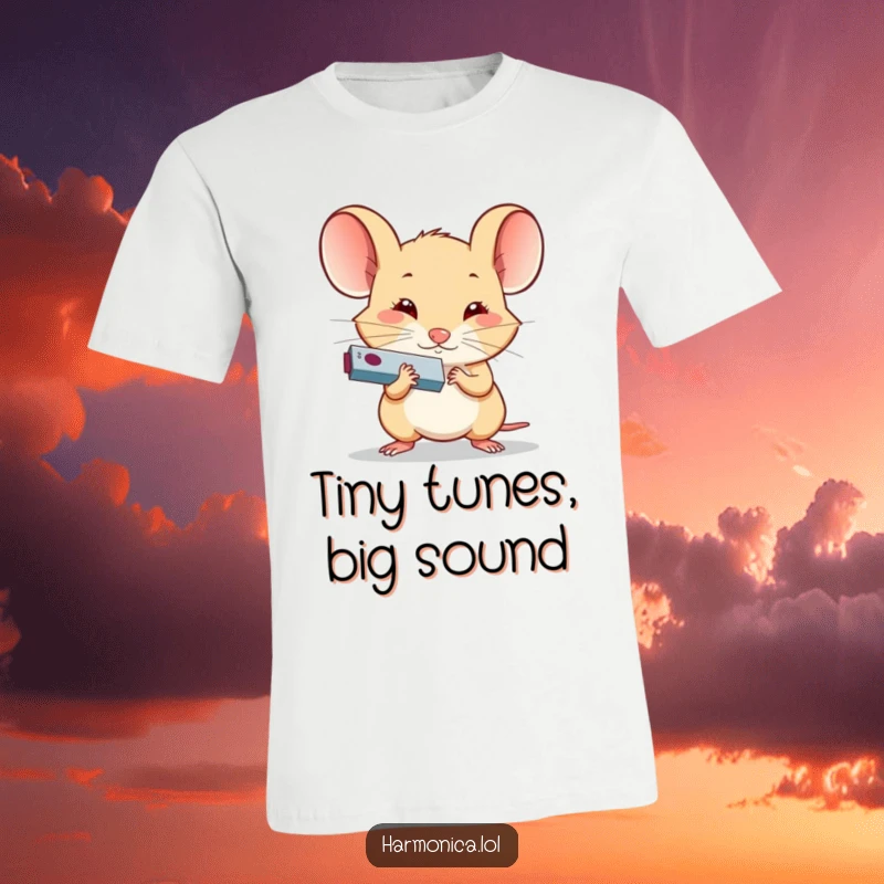 Funny Determined Mouse Harmonica T-Shirt: A little mouse blowing intensely into a miniature harmonica, a funny, musical scene.