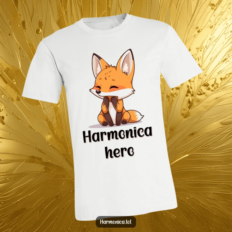 Funny t-shirt showcasing a curious fox with its head tilted, enthusiastically playing a harmonica. Notes swirl playfully.