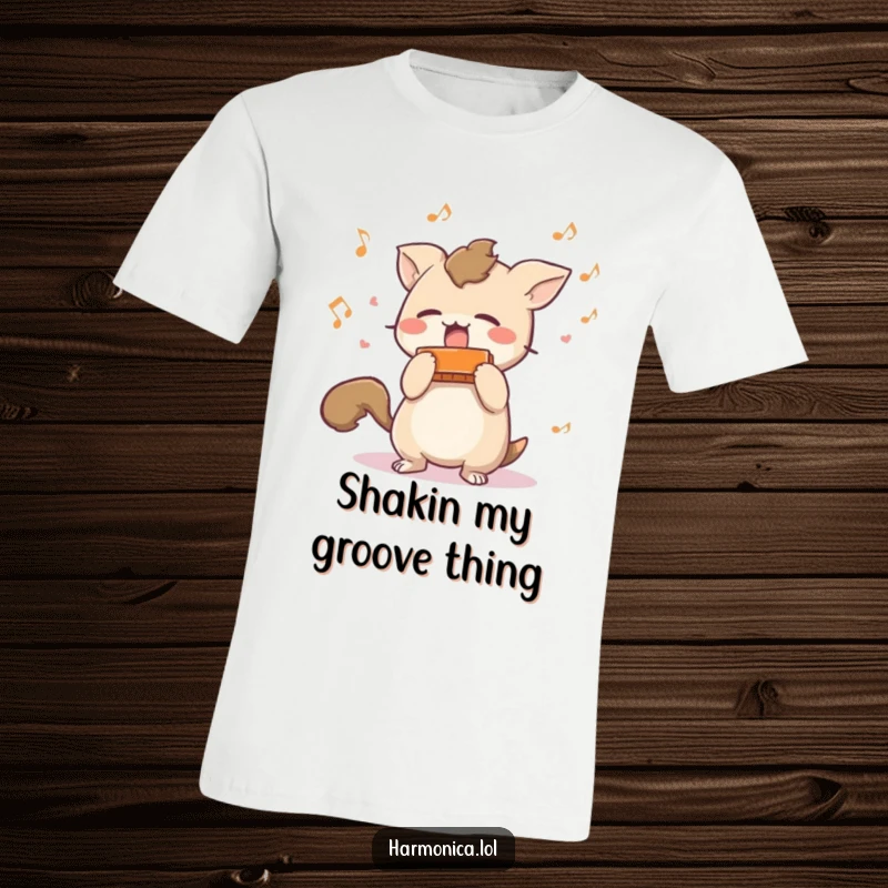 Funny t-shirt: A short-tailed creature joyfully shakes a harmonica, with musical notes flying, showcasing energetic, chaotic fun.