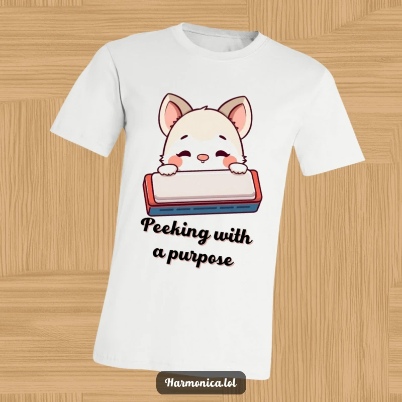 Funny t-shirt: A shy creature peeks from behind a harmonica, nose twitching curiously, embodying playful intrigue and subtle humor.