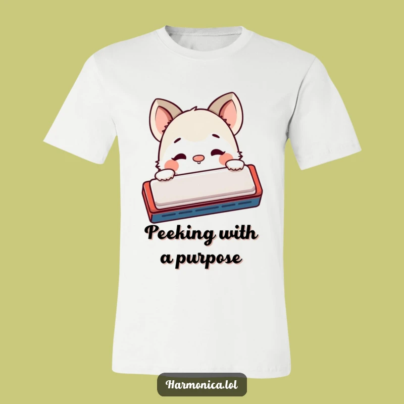 Funny Peek-a-Boo Harmonica T-Shirt: Shy Creature's Curious Musical Fun!