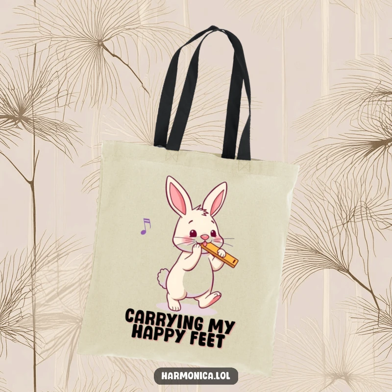 Funny bunny harmonica tote bag featuring a bouncy rabbit tapping its foot to music, stylishly carrying tunes and fun, a practical funny gift.