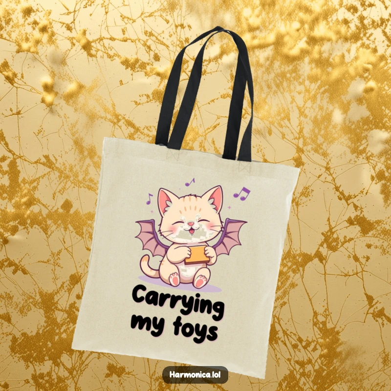 Funny tote bag showcasing a playful kitten batting at a harmonica, perfect for carrying music-themed items.