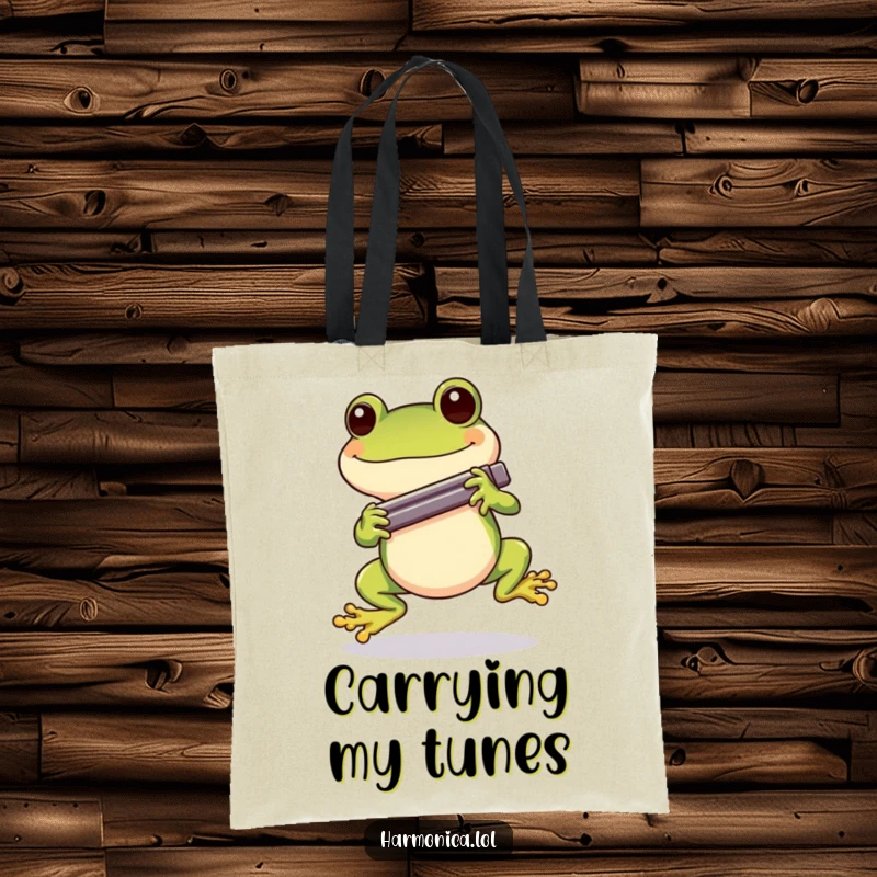 Funny Cheerful Frog Harmonica Tote Bag: A happy frog hopping around with a harmonica, a funny and practical accessory.