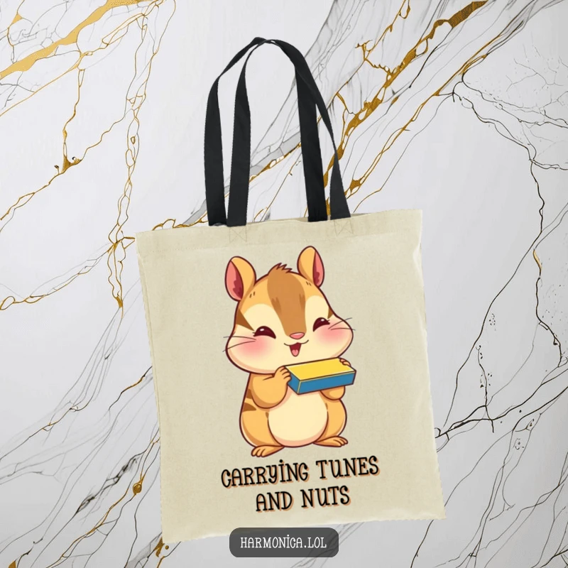 Funny tote bag with a happy chipmunk, puffed cheeks, playing a harmonica, perfect for shopping and carrying your music essentials.