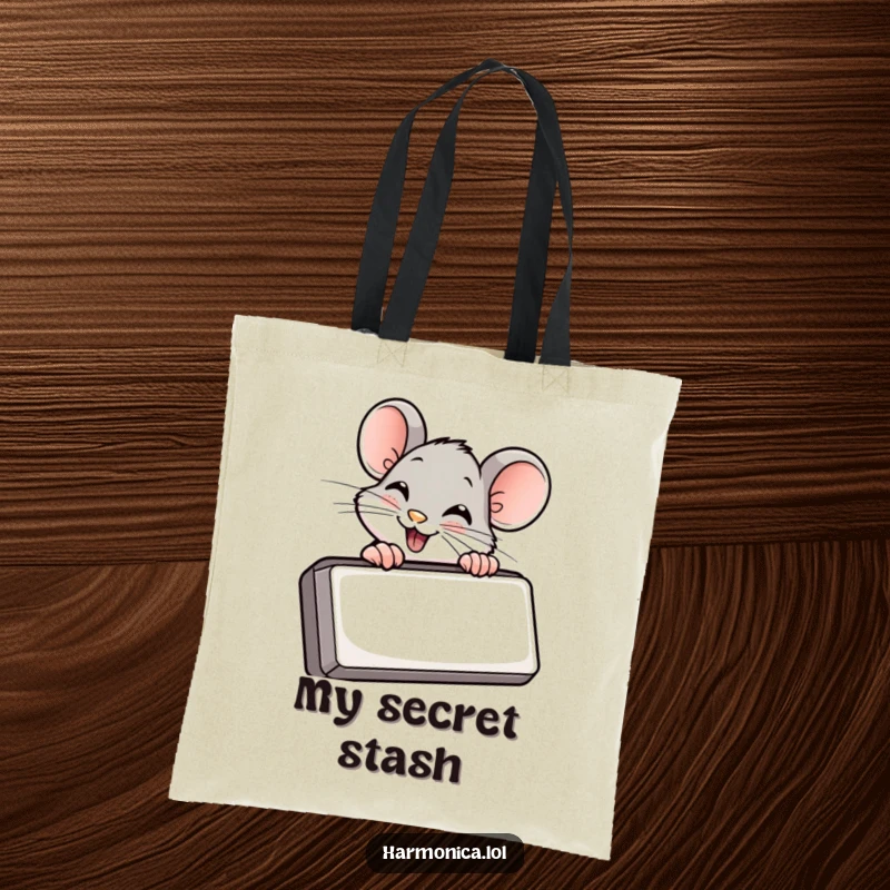 Funny tote bag showcasing a giggling mouse peeking from behind a harmonica, perfect for carrying daily necessities.