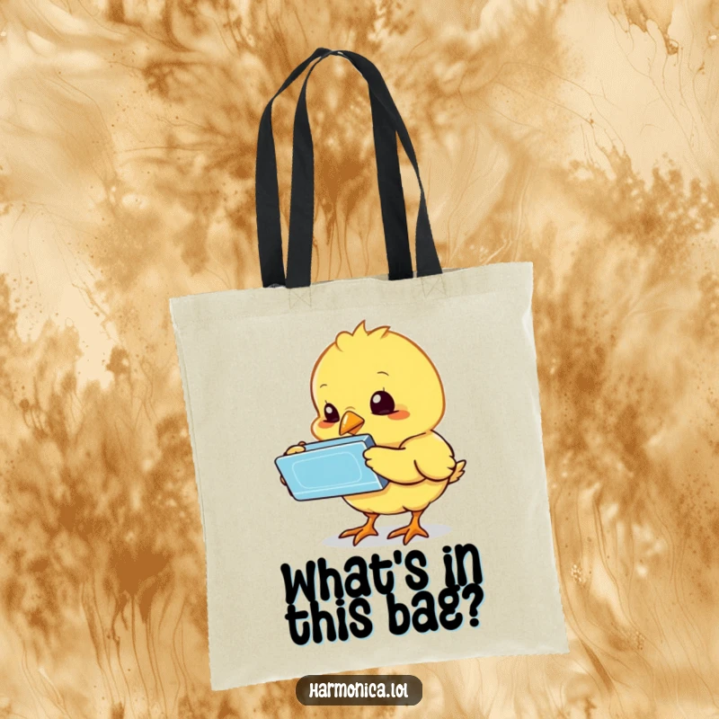 Funny chick harmonica tote bag showcasing a bewildered chick interacting with a harmonica, a practical and humorous accessory, a cute funny gift.
